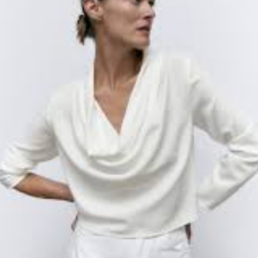 Zara White Drape Neck Blouse